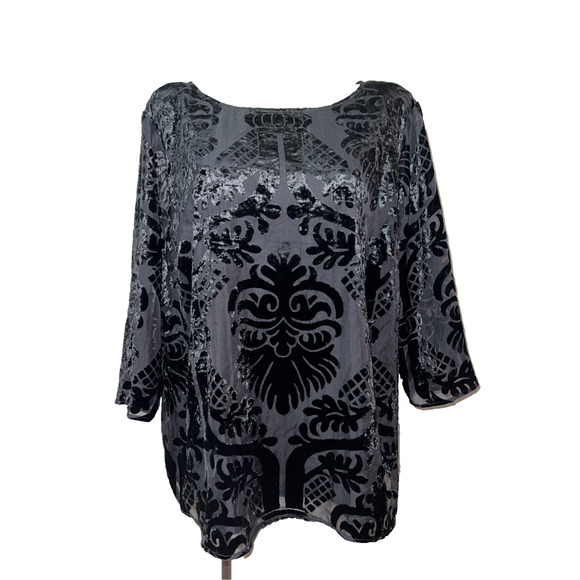 Talbots RSVP Top Black Velvet Burnout Sheer Sleeve Tunic Whimsigoth Wedding 3X - Picture 1 of 8